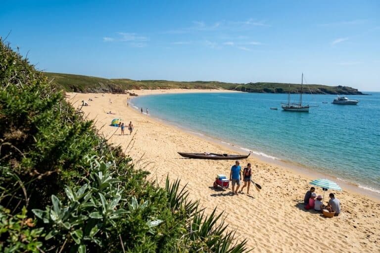 Plage de sable fin et eaux turquoise dans le golfe du Morbihan