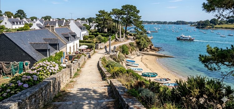 Vue du village de l'île aux Moines avec son port et ses maisons bretonnes