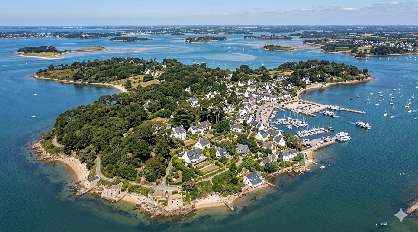 Vue aérienne de l'île aux Moines, golfe du Morbihan